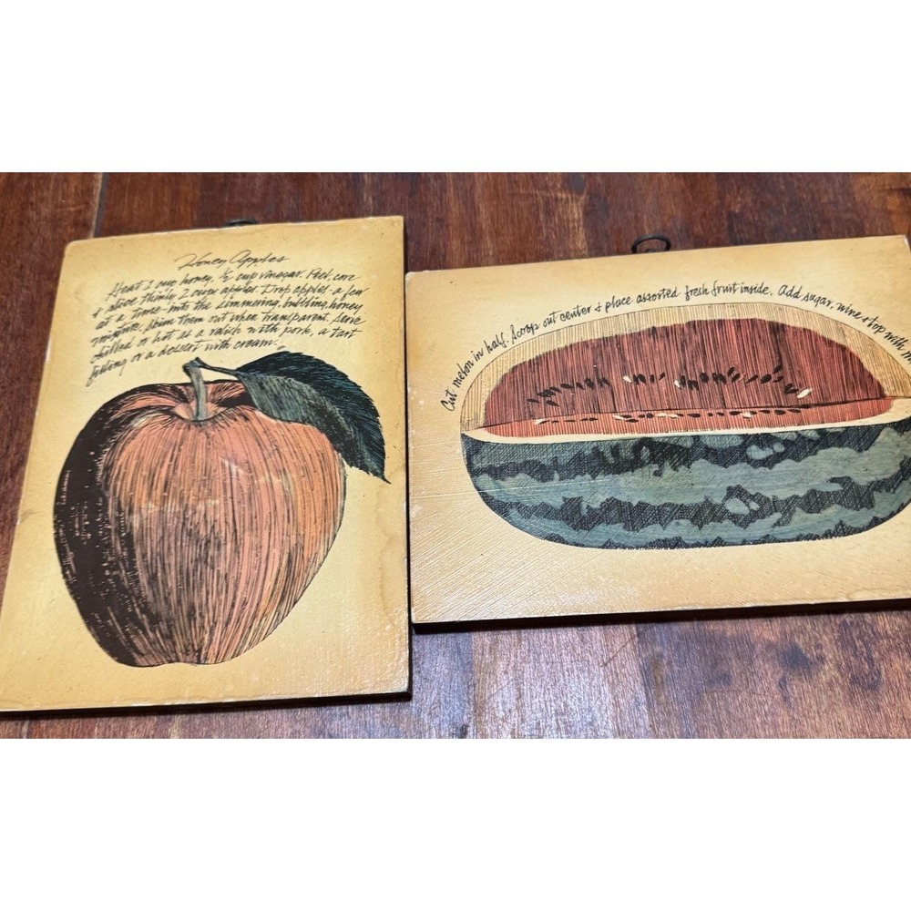 2 Vintage John Rutherford Gourmet Plaques-Apple & Watermelon on Red Wood